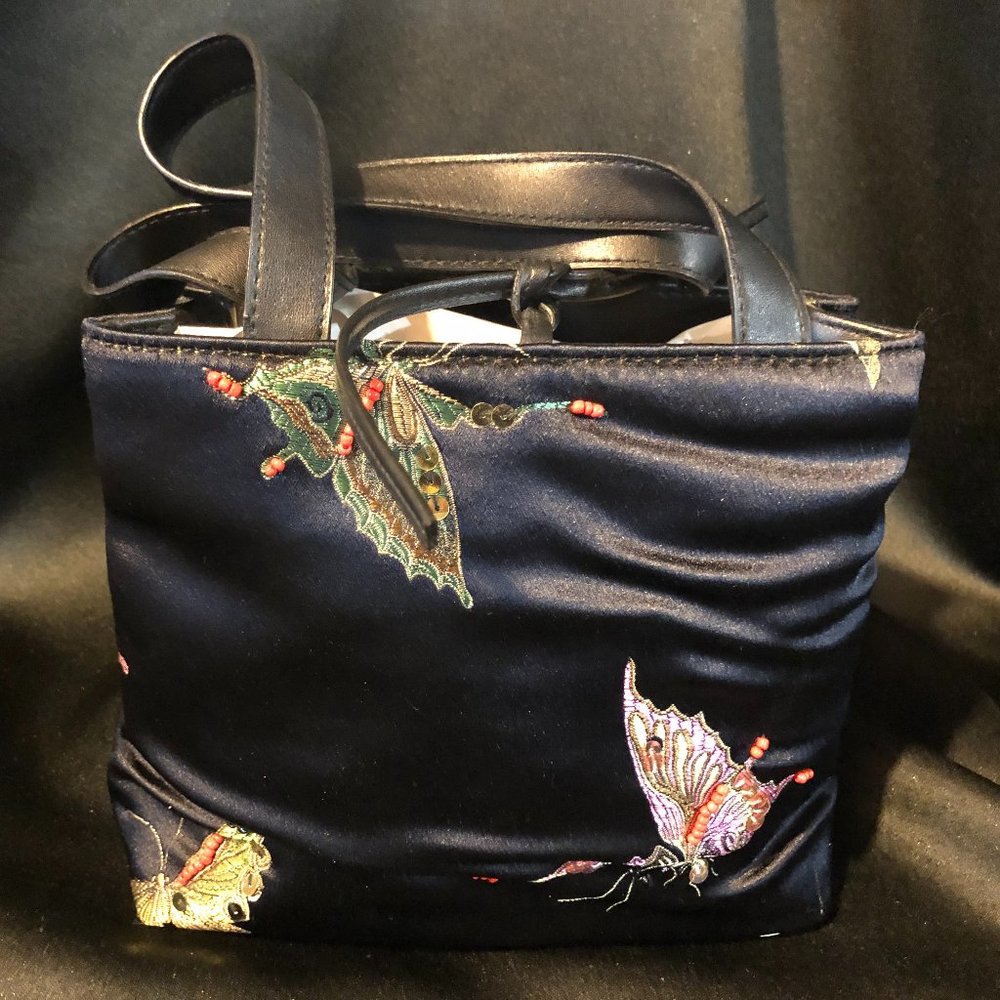 Adorable Black Satin Like Purse Embroidered with Butterflies